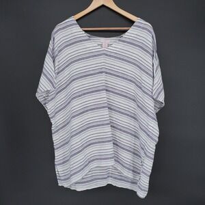 St Tropez West Womens V Neck Linen Top Sz 1X Striped Blue White Resort Cruise